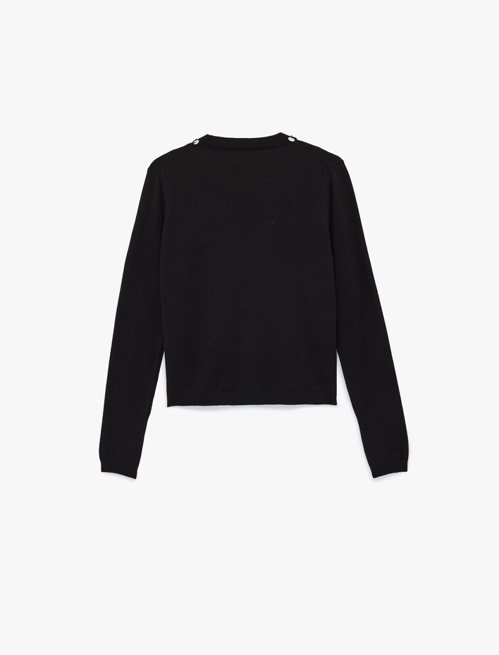  Uzun Kollu Düğmeli Bisiklet Yaka Taşlı Triko Hırka