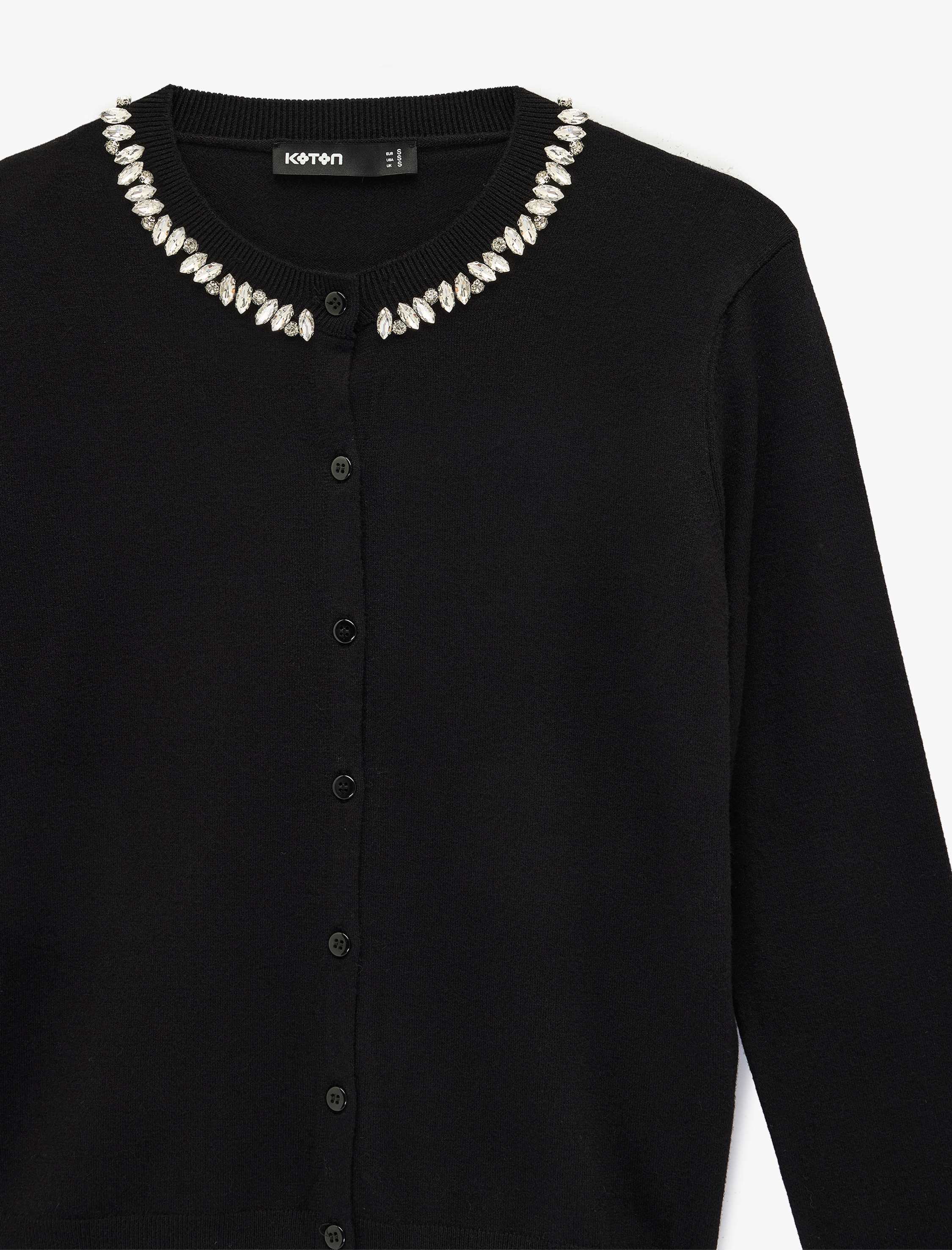   Uzun Kollu Düğmeli Bisiklet Yaka Taşlı Triko Hırka