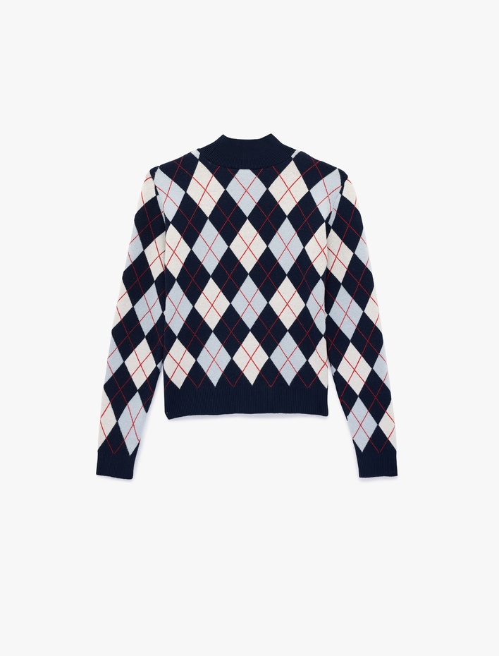  Uzun Kollu Dik Yaka Baklava Desenli Triko Kazak