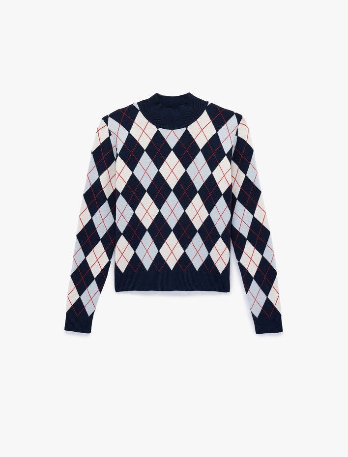  Uzun Kollu Dik Yaka Baklava Desenli Triko Kazak