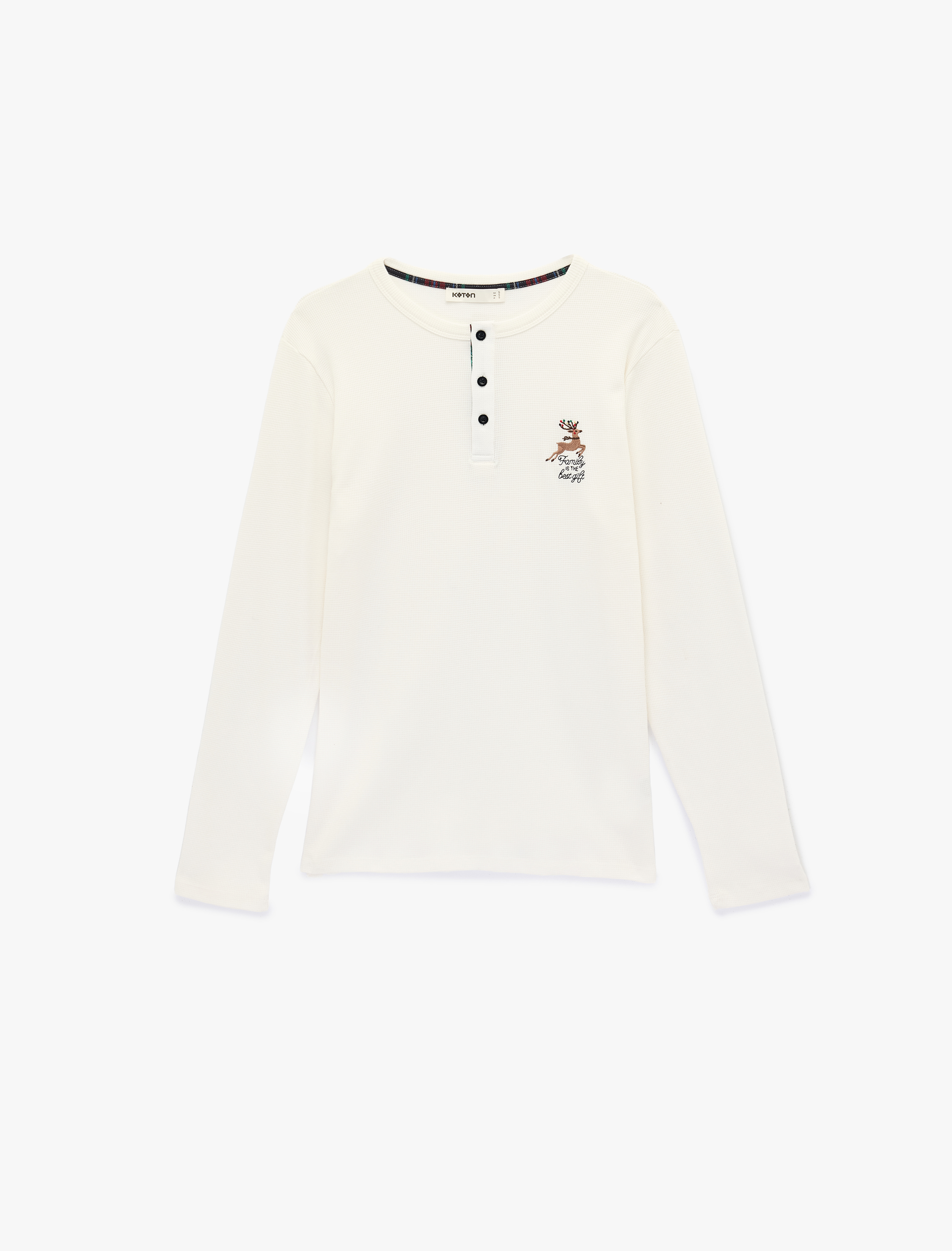   Pamuklu Uzun Kollu Bisiklet Yaka Geyik İşleme Detaylı Örme Pijama Üstü