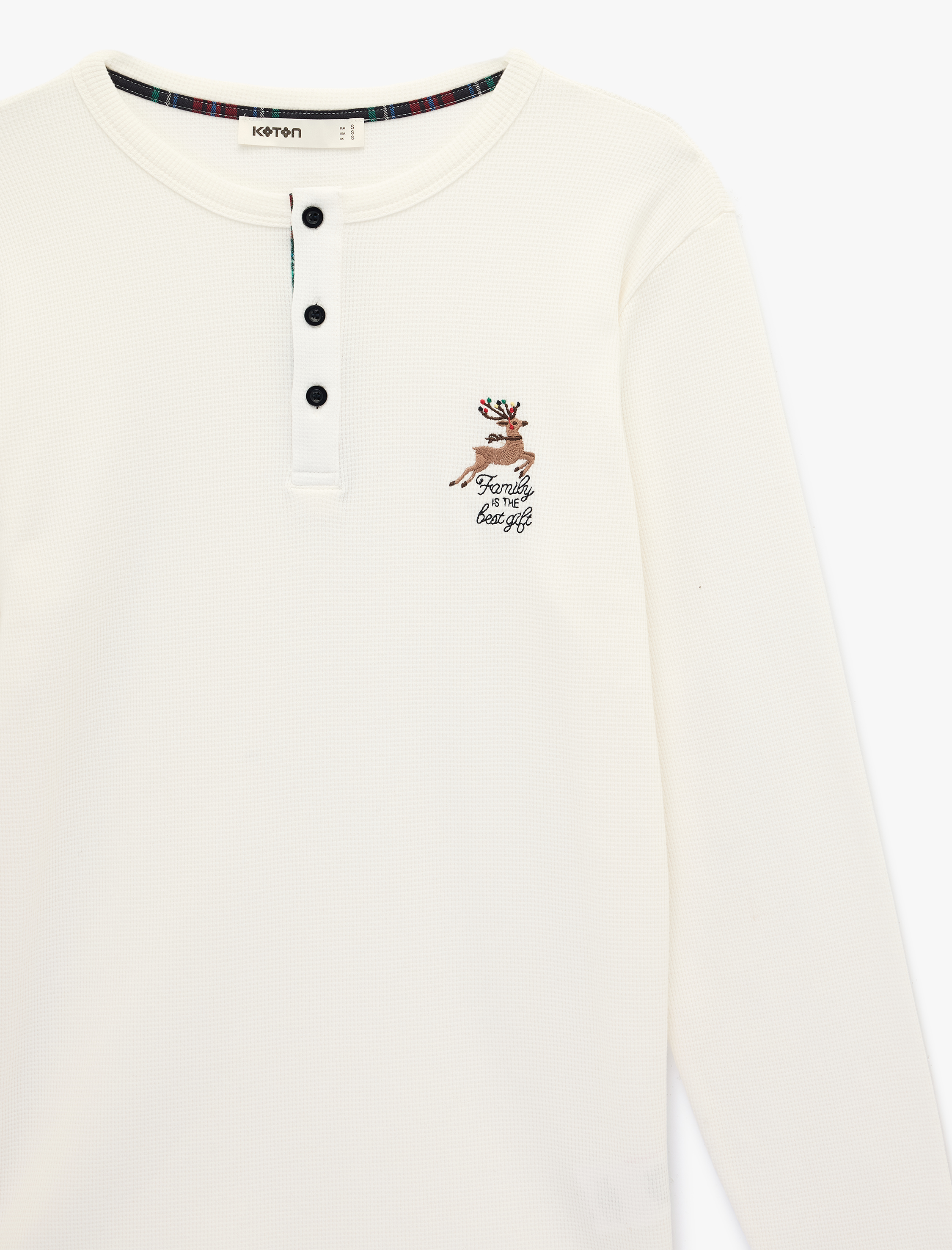   Pamuklu Uzun Kollu Bisiklet Yaka Geyik İşleme Detaylı Örme Pijama Üstü