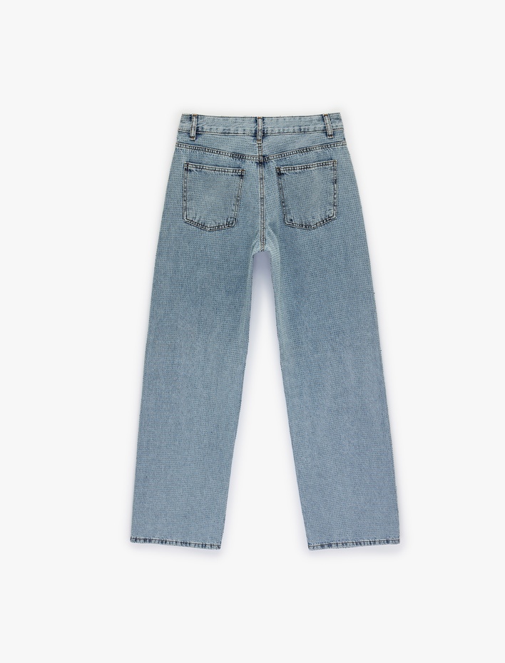  Cepli Uzun Düz Paça Taşlı Jean Pantolon - Straight Fit Jean