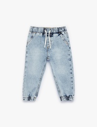 Pamuklu Beli Bağcıklı Lastikli Cepli Jogger Denim Pantolon