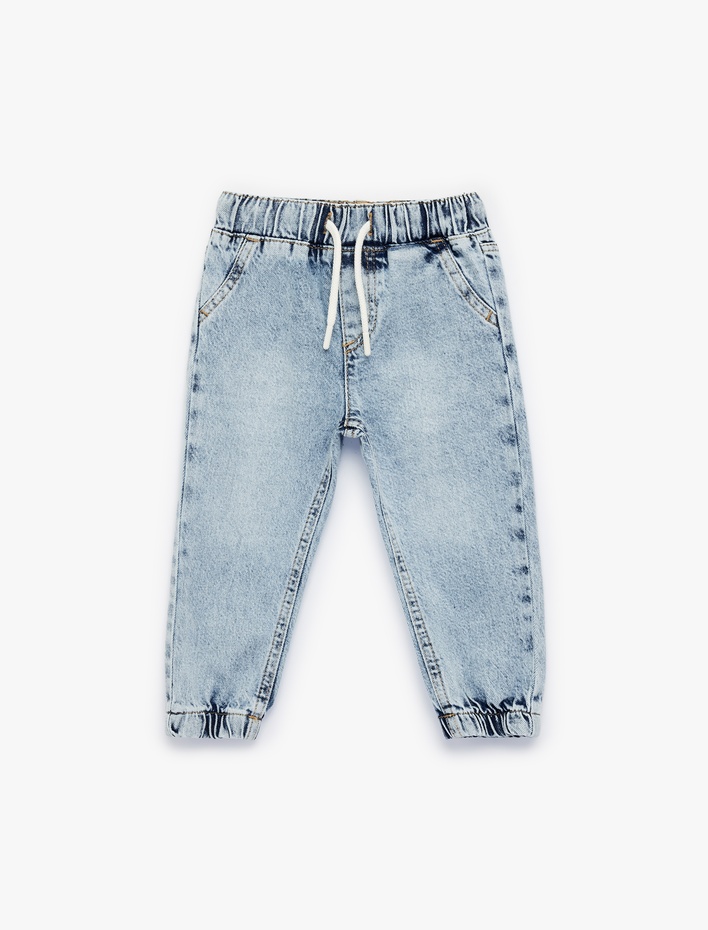 Erkek Bebek Pamuklu Beli Bağcıklı Lastikli Cepli Jogger Denim Pantolon