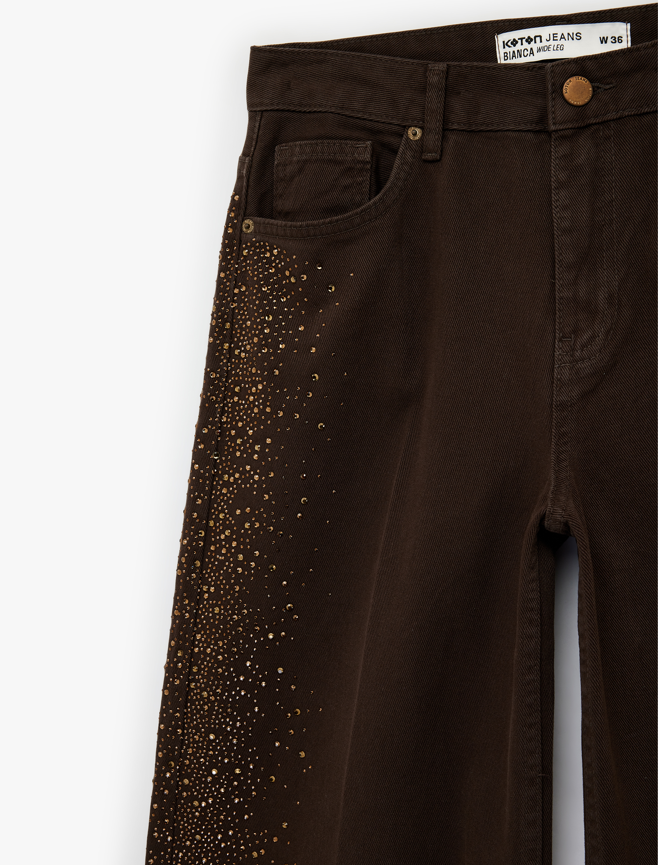   Cepli Taş Detaylı Geniş Paça Denim Pantolon -  Wide Leg Jeans