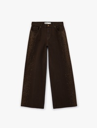 Cepli Taş Detaylı Geniş Paça Denim Pantolon -  Wide Leg Jeans