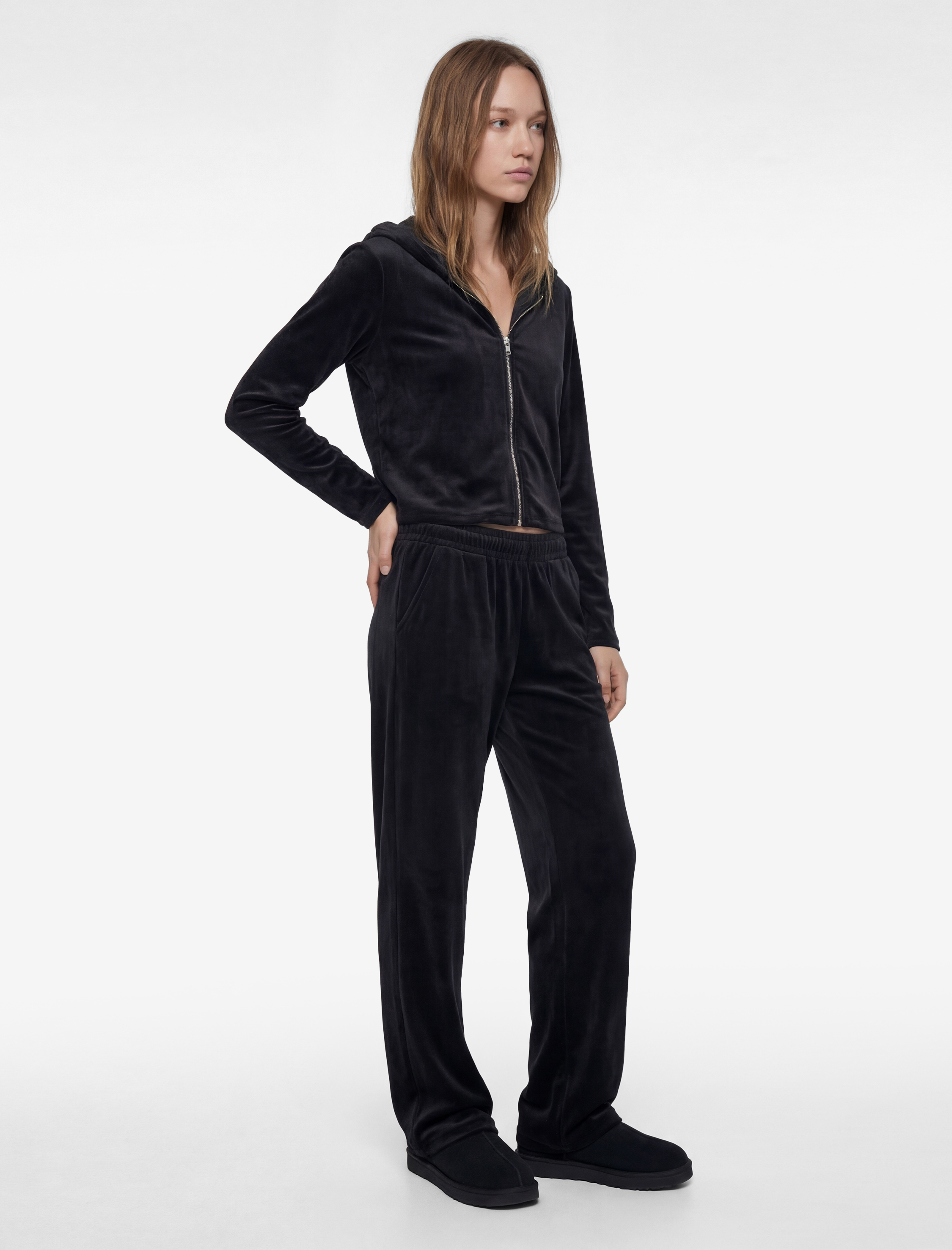   Fermuarlı Uzun Kollu Rahat Kalıp Kapüşonlu Crop Pijama Üstü