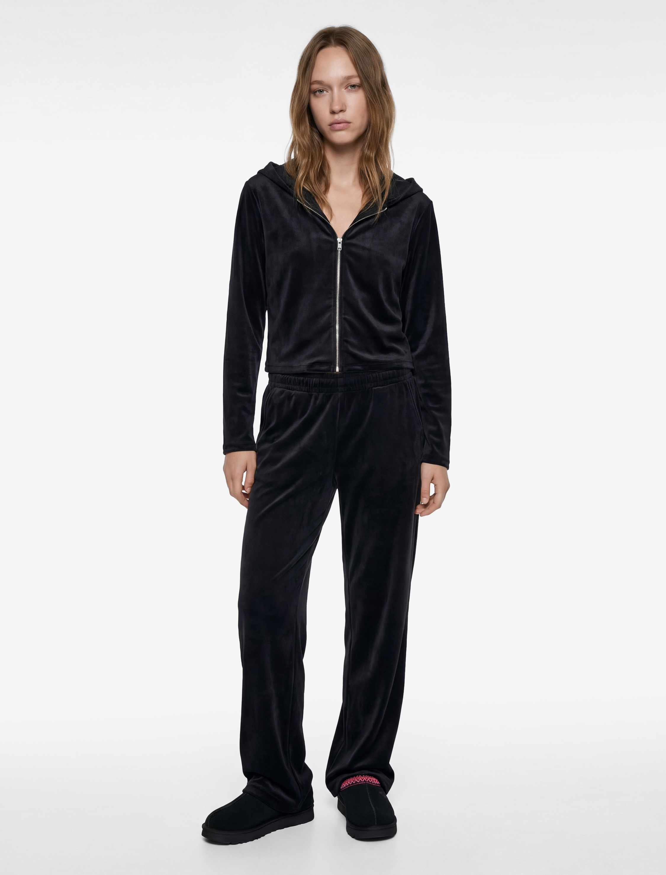   Fermuarlı Uzun Kollu Rahat Kalıp Kapüşonlu Crop Pijama Üstü