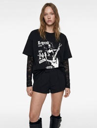 Kısa Kollu Bisiklet Yaka Baskılı Oversize Tişört