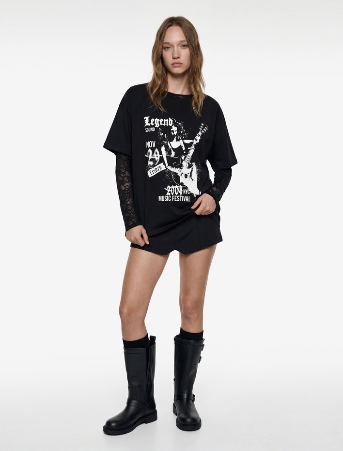  Kısa Kollu Bisiklet Yaka Baskılı Oversize Tişört