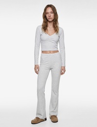 Uzun Kollu V Yaka Büzgülü Viskon Crop Slim Fit Örme Pijama Üstü