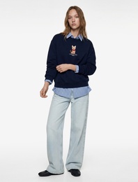 Şardonlu Uzun Kollu Bisiklet Yaka Köpek Baskılı Oversize Sweatshirt