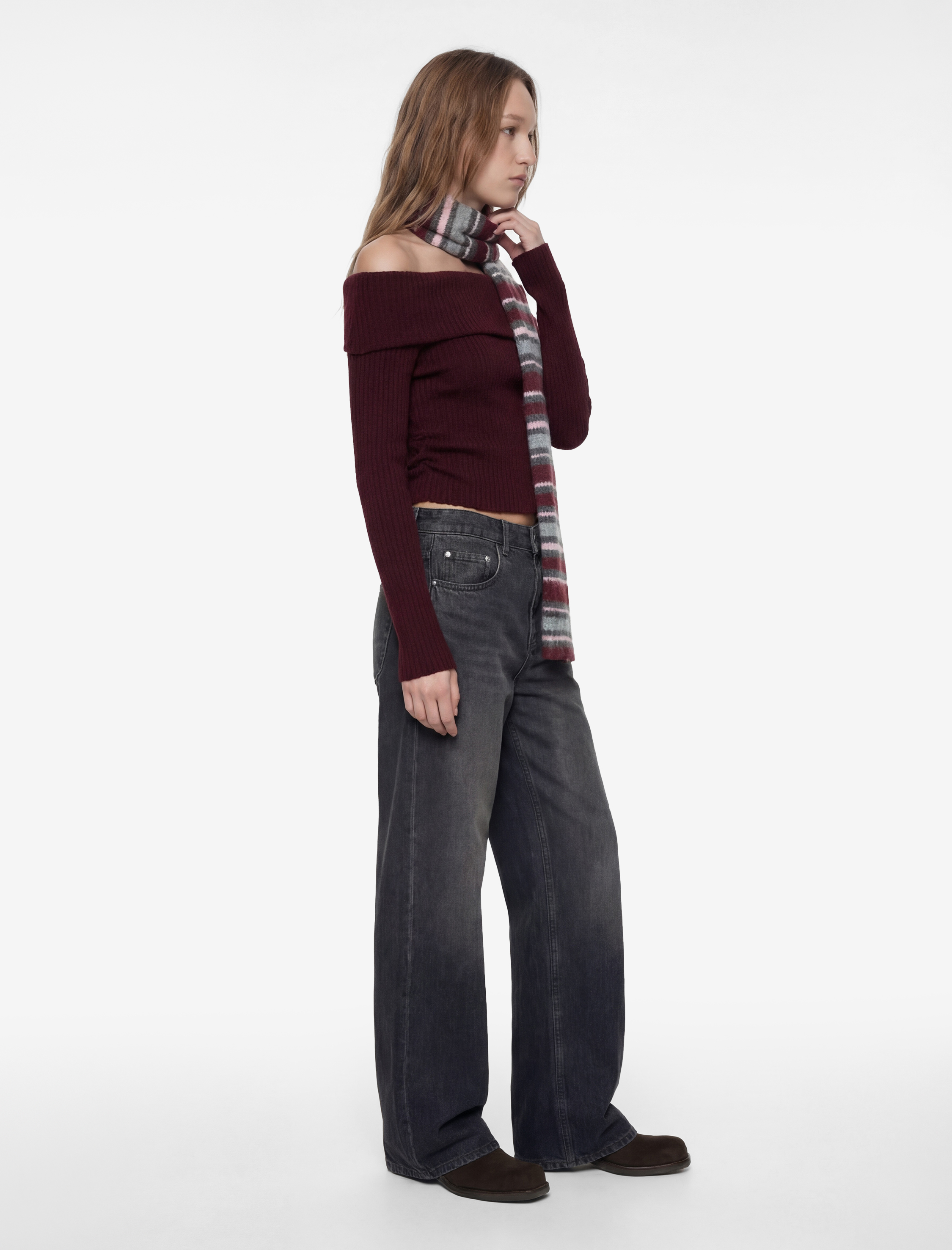   Viskon Karışımlı Kaşkorse Omzu Açık Slim Fit Uzun Kollu Tişört