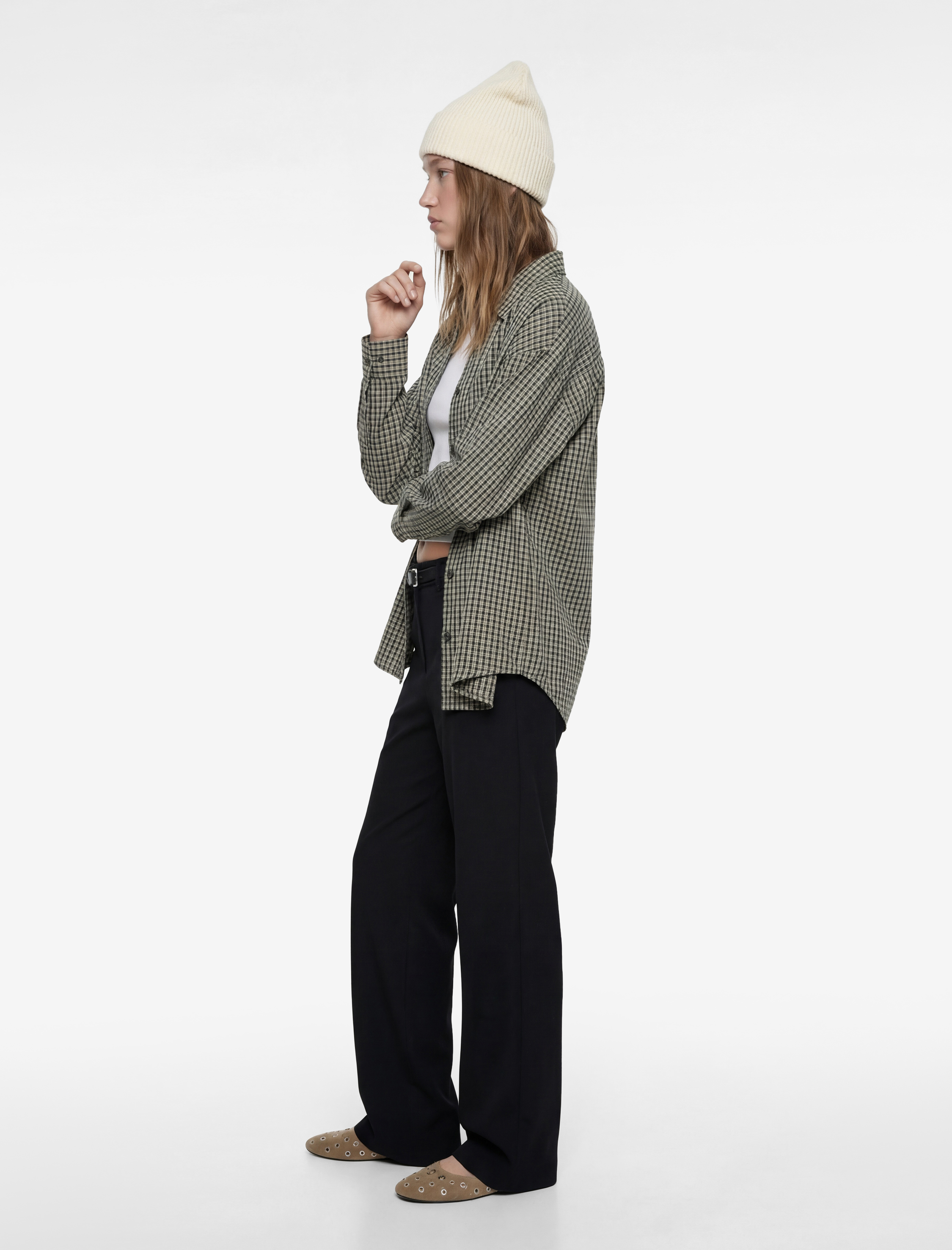   Kemer Detaylı Cepli Geniş Paça Viskon Karışımlı Kumaş Pantolon