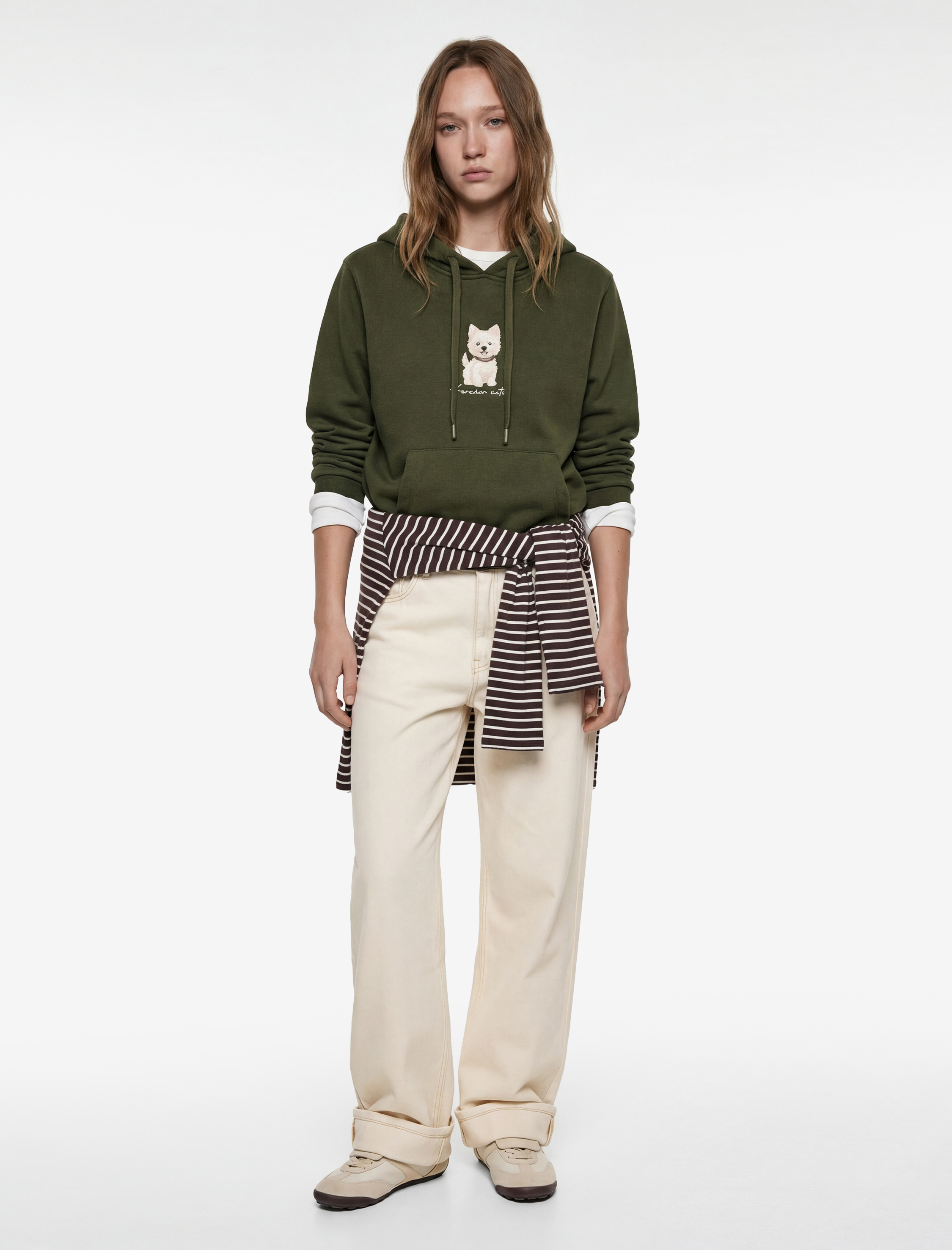   Şardonlu Uzun Kollu Kapüşonlu Kanguru Cep Detaylı Köpek Baskılı Sweatshirt