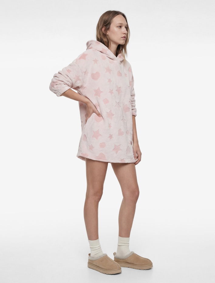  Kapüşonlu Uzun Kollu Cepli Oversize Peluş Sabahlık