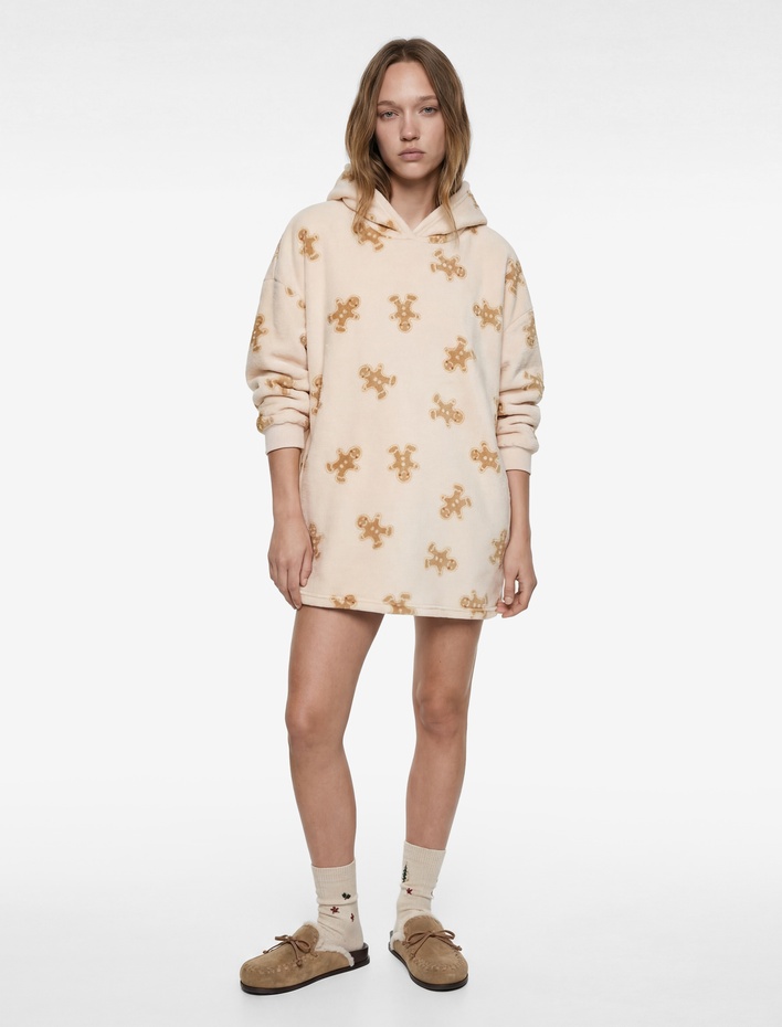  Kapüşonlu Uzun Kollu Kurabiye Adam Baskılı Oversize Sabahlık