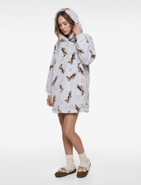 Köpek Baskılı Uzun Kollu Kapüşonlu Oversize Peluş Sabahlık