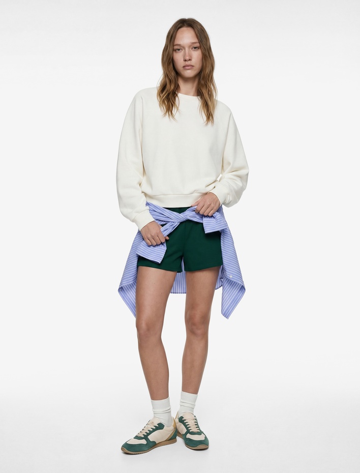  Pamuklu Rahat Kalıp Şardonlu Uzun Kollu Bisiklet Yaka Sweatshirt