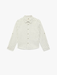 Pamuklu Uzun Kollu Cep Detaylı Çizgili Gömlek