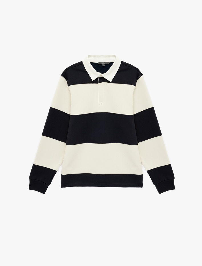  Regular Fit Renk Bloklu Şardonlu Uzun Kollu Polo Yaka Sweatshirt