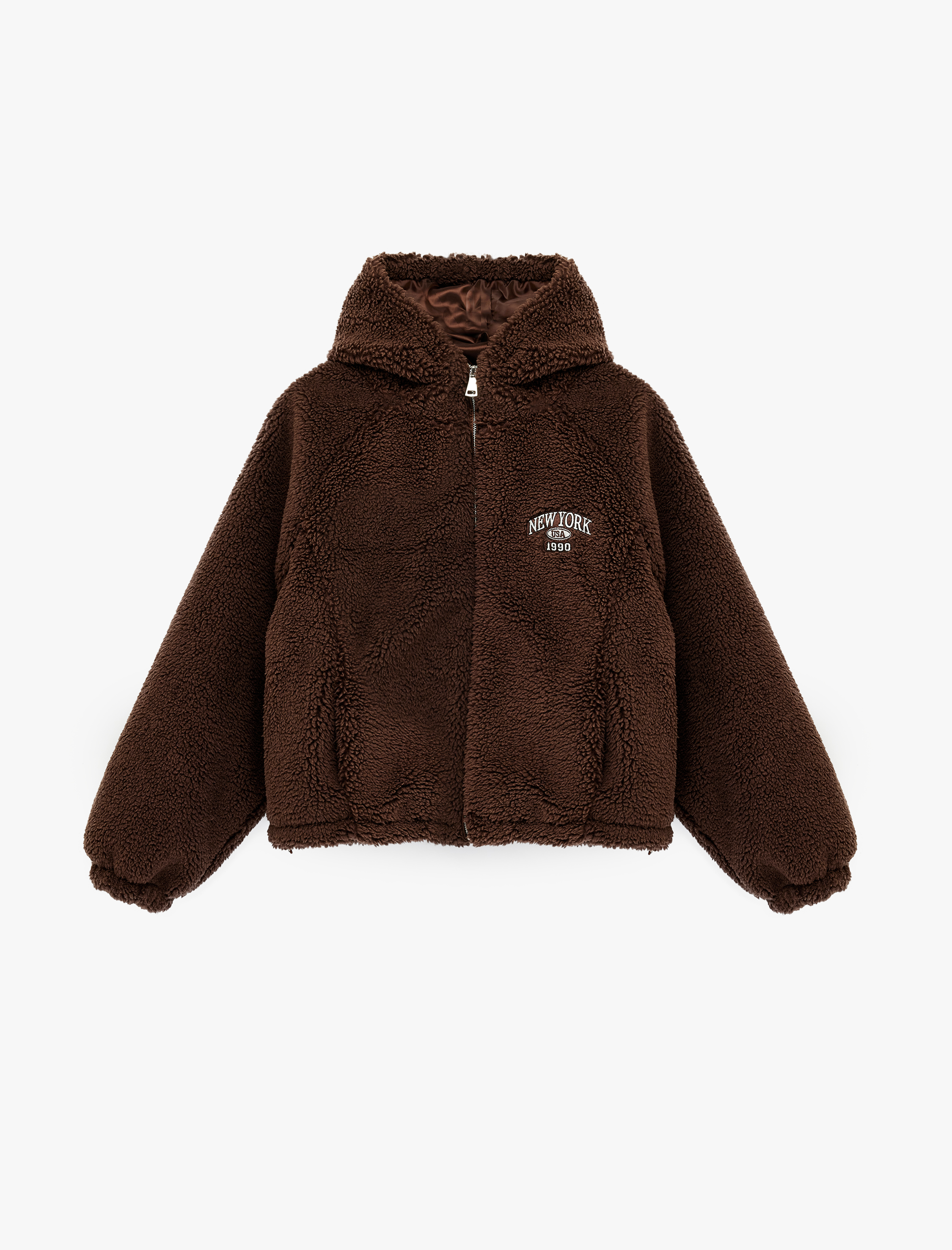   Uzun Kollu Regular Fit Cepli Fermuarlı Crop Kapüşonlu Peluş Ceket