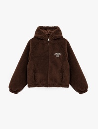 Uzun Kollu Regular Fit Cepli Fermuarlı Crop Kapüşonlu Peluş Ceket