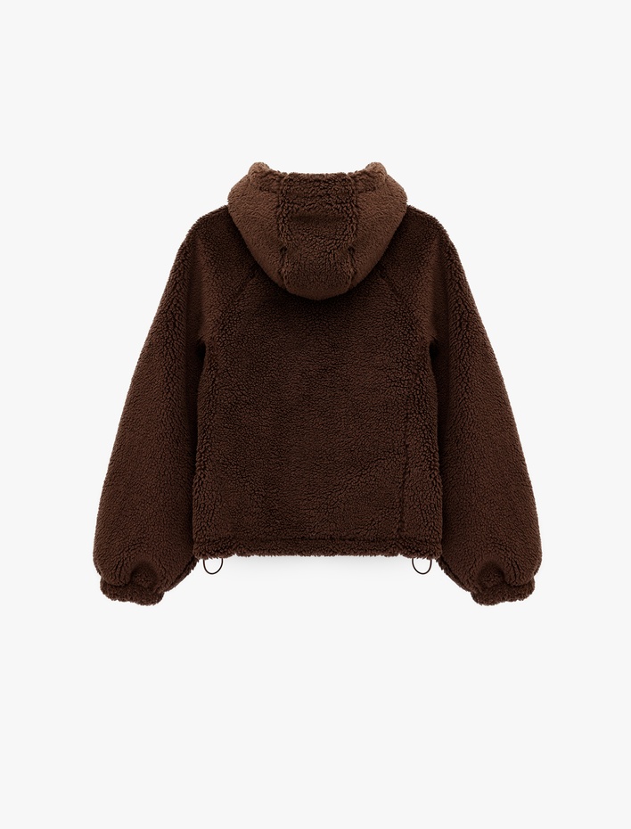  Uzun Kollu Regular Fit Cepli Fermuarlı Crop Kapüşonlu Peluş Ceket