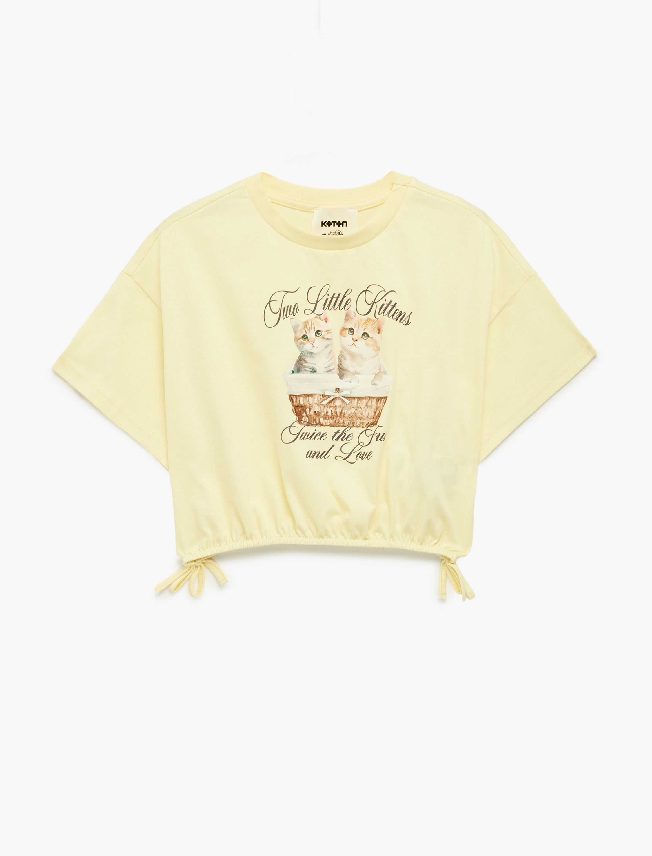  Kız Çocuk Kısa Kollu Bisiklet Yaka Pamuklu Kedi Baskılı Crop Tişört