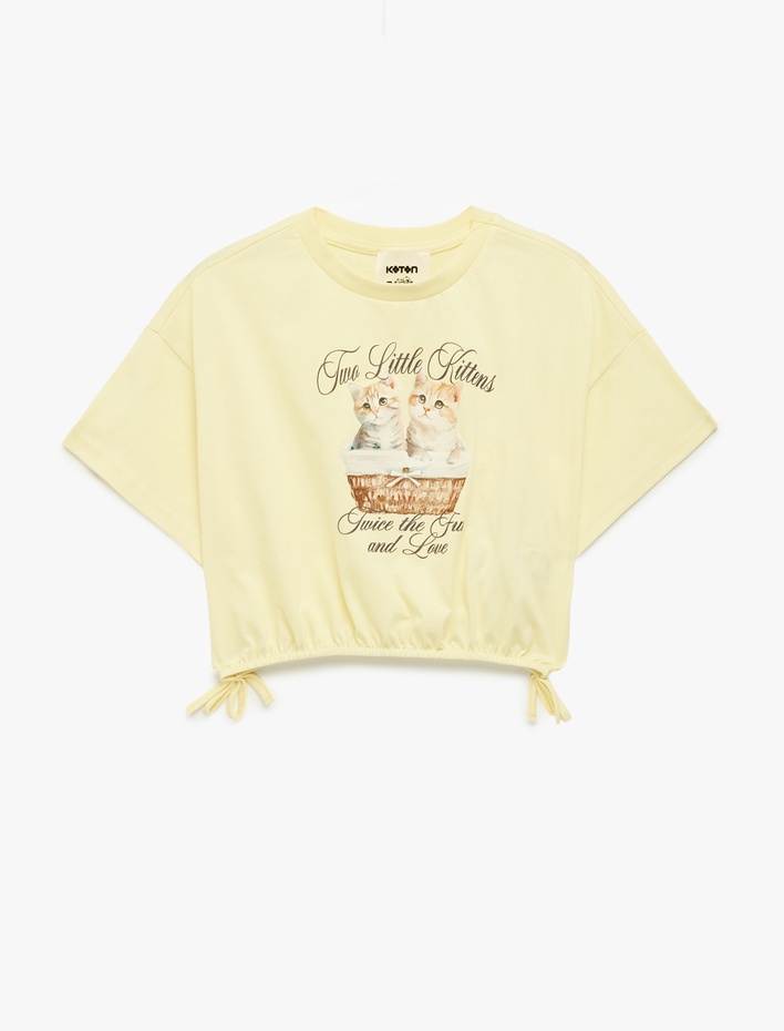 Kız Çocuk Kısa Kollu Bisiklet Yaka Pamuklu Kedi Baskılı Crop Tişört
