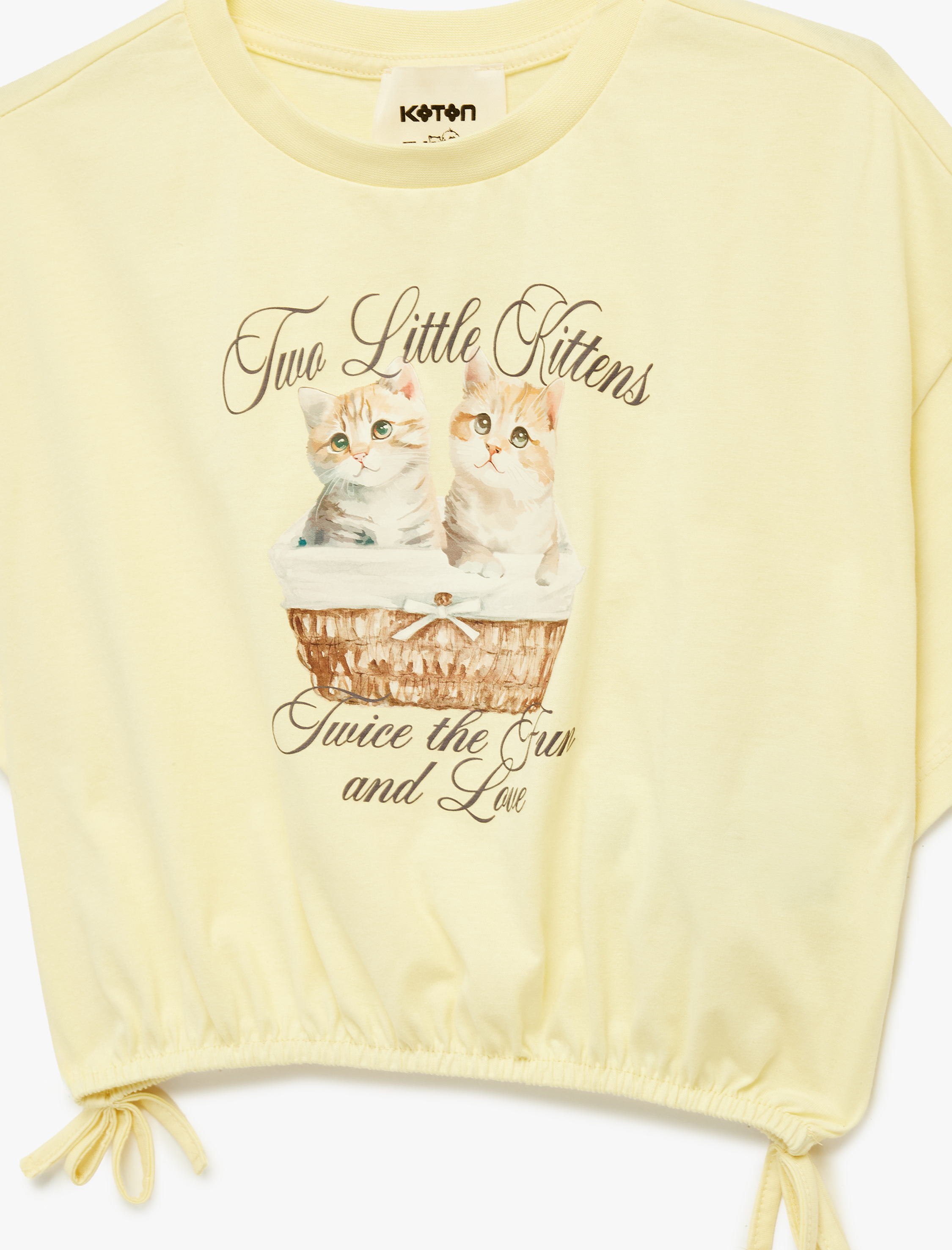  Kız Çocuk Kısa Kollu Bisiklet Yaka Pamuklu Kedi Baskılı Crop Tişört