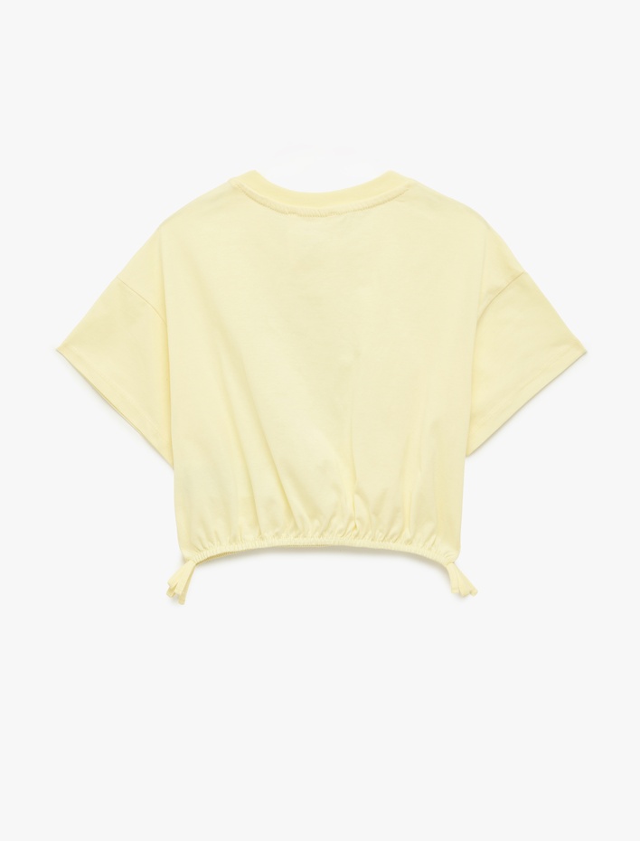 Kız Çocuk Kısa Kollu Bisiklet Yaka Pamuklu Kedi Baskılı Crop Tişört