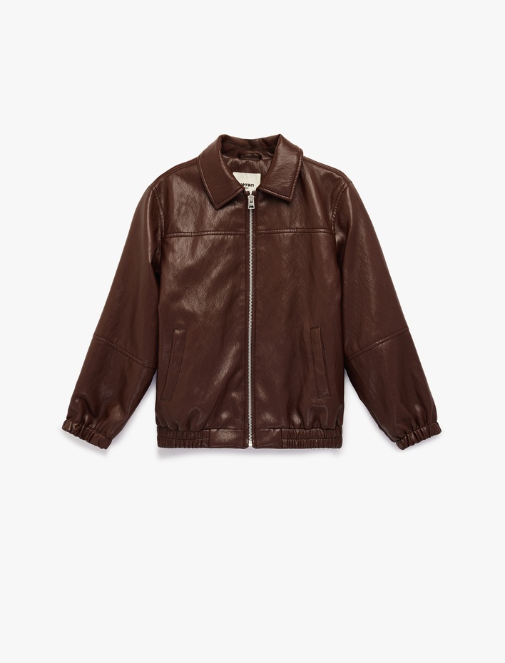 Kız Çocuk Uzun Kollu Gömlek Yaka Fermuarlı Suni Deri Ceket