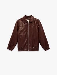 Uzun Kollu Gömlek Yaka Fermuarlı Suni Deri Ceket