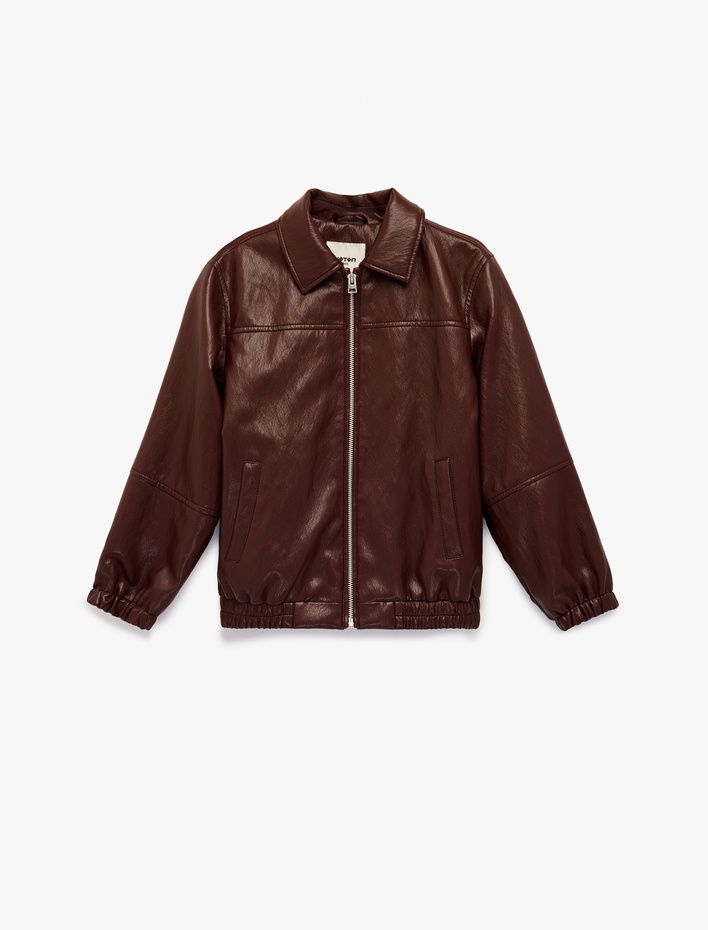 Kız Çocuk Uzun Kollu Gömlek Yaka Fermuarlı Suni Deri Ceket