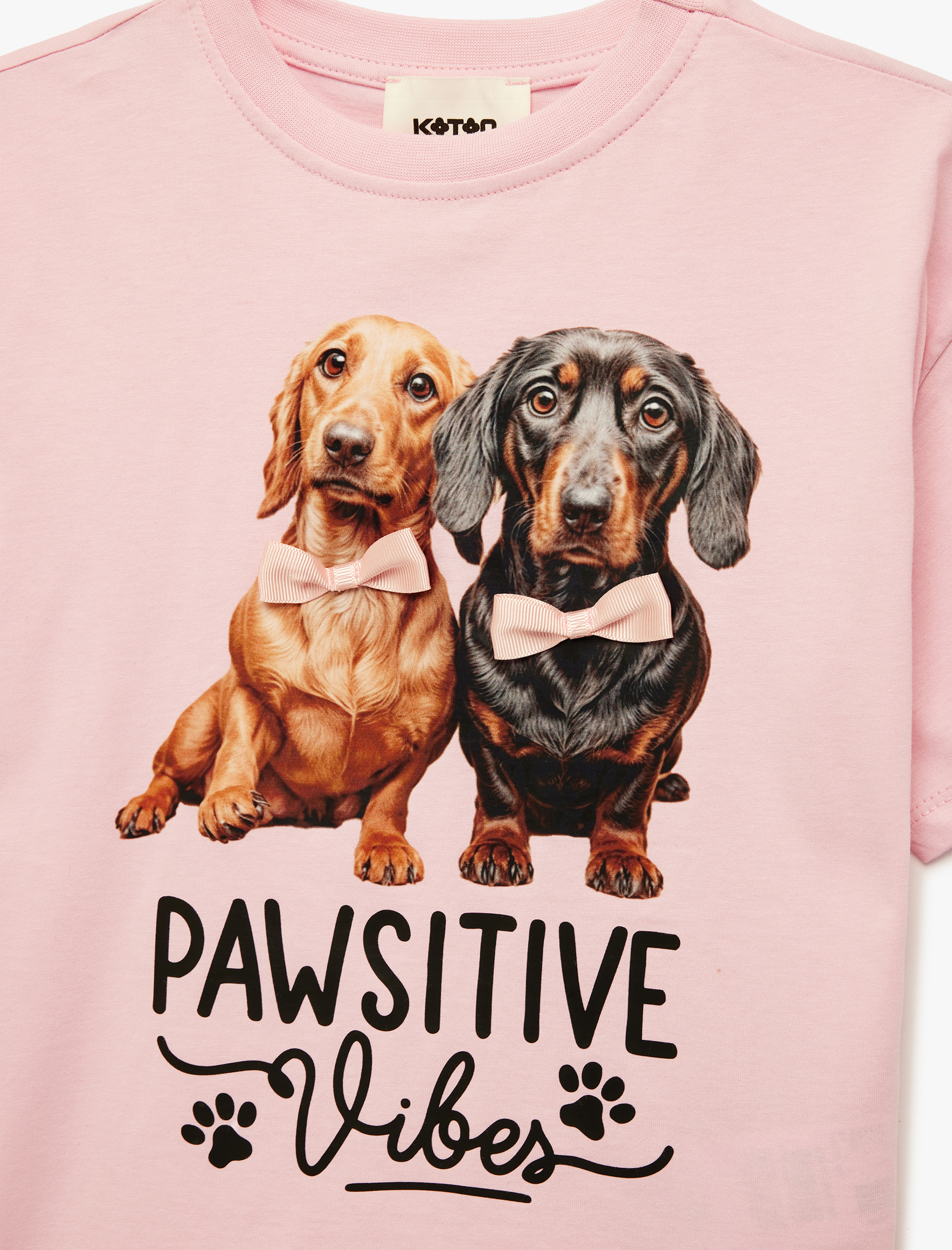  Kız Çocuk Köpek Baskılı Fiyonk Detaylı Bisiklet Yaka Kısa Kollu Pamuklu Tişört