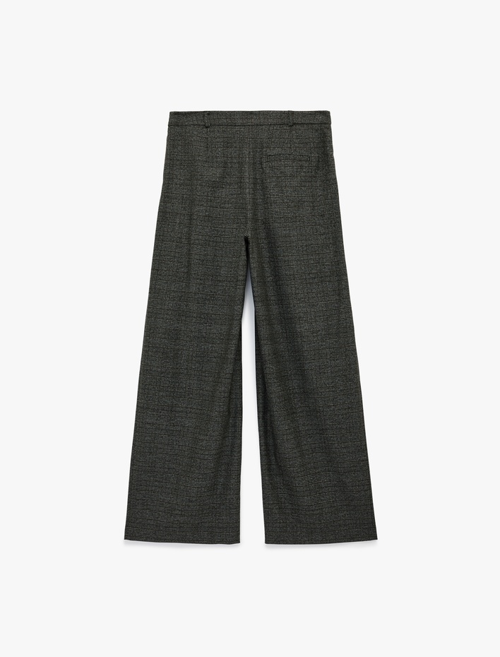  Cepli Geniş Paça Pileli Ekose Palazzo Pantolon