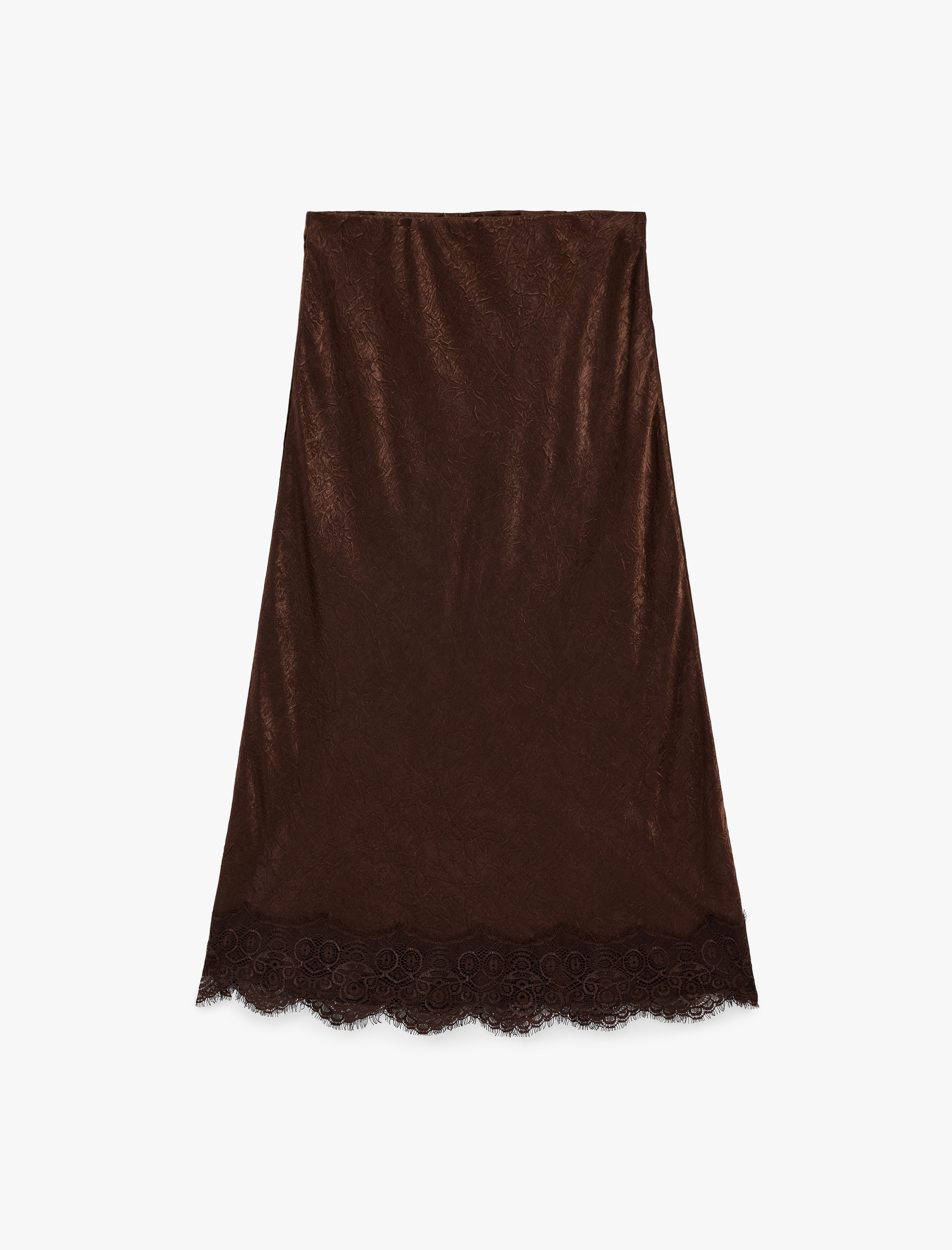   Slim Fit Dantel Detaylı Dokulu Saten Görünümlü Midi Etek