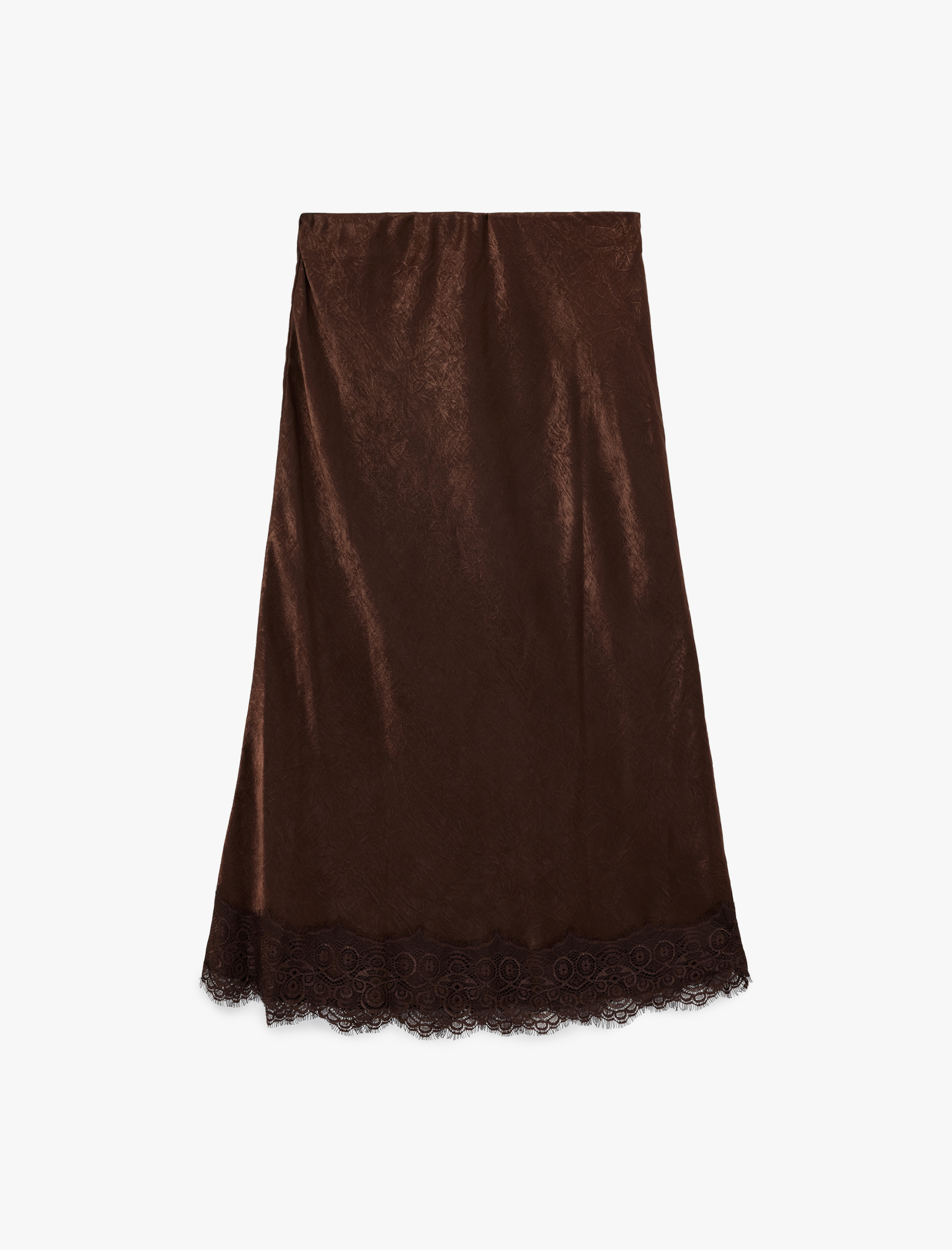   Slim Fit Dantel Detaylı Dokulu Saten Görünümlü Midi Etek