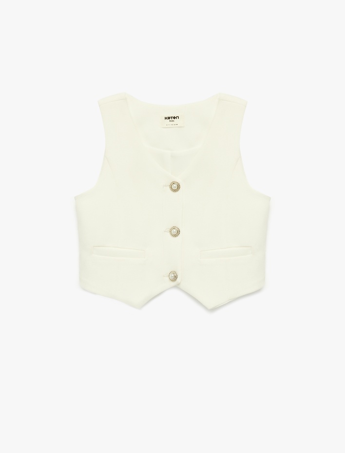 Kız Çocuk V Yaka Düğme Detaylı Kolsuz Yelek