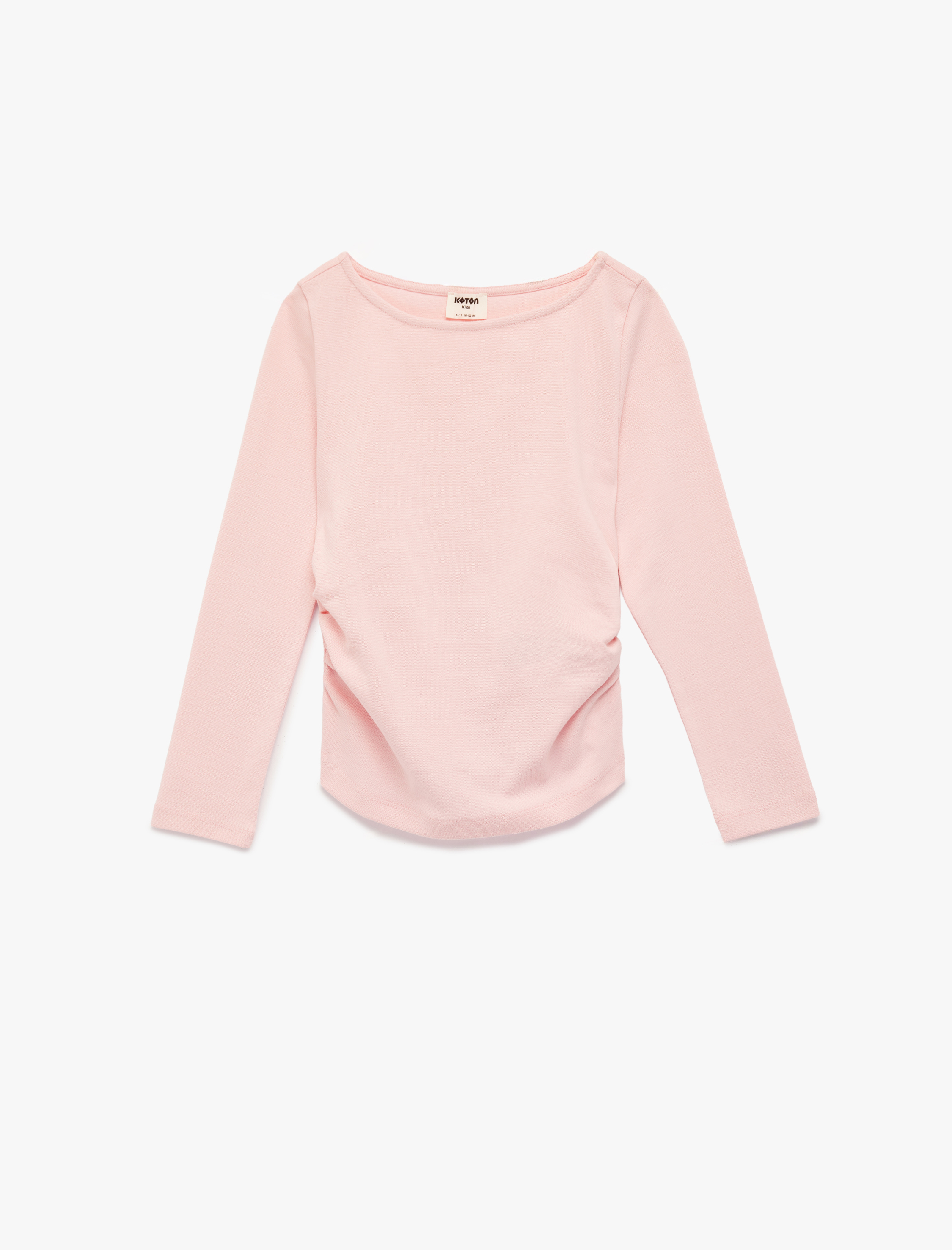  Kız Çocuk Pamuklu Kayık Yaka Büzgülü Uzun Kollu Tişört