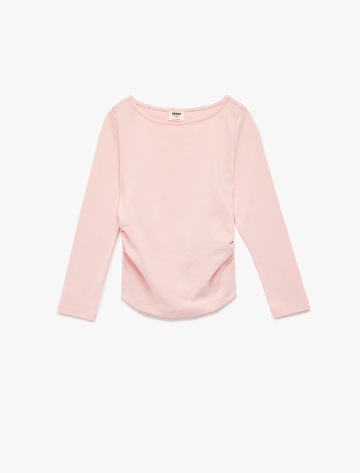 Kız Çocuk Pamuklu Kayık Yaka Büzgülü Uzun Kollu Tişört