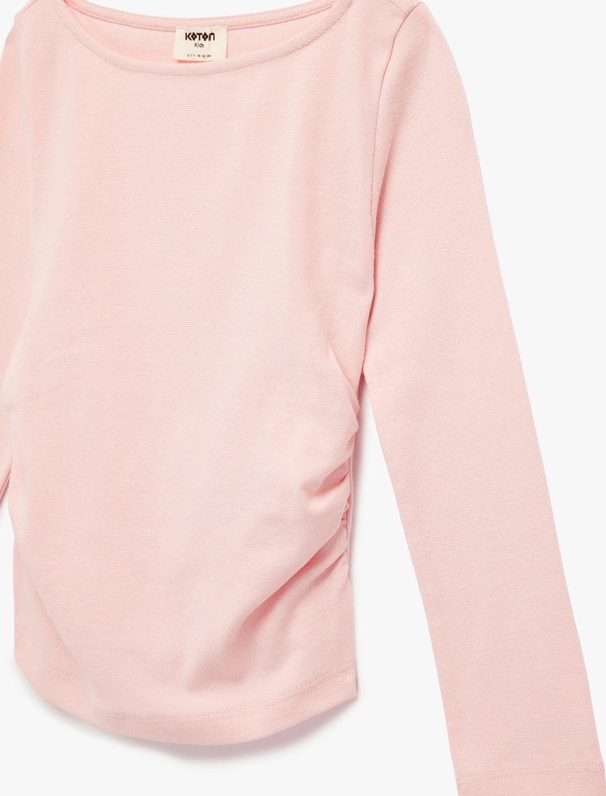 Pembe Kız Çocuk Pamuklu Kayık Yaka Büzgülü Uzun Kollu Tişört