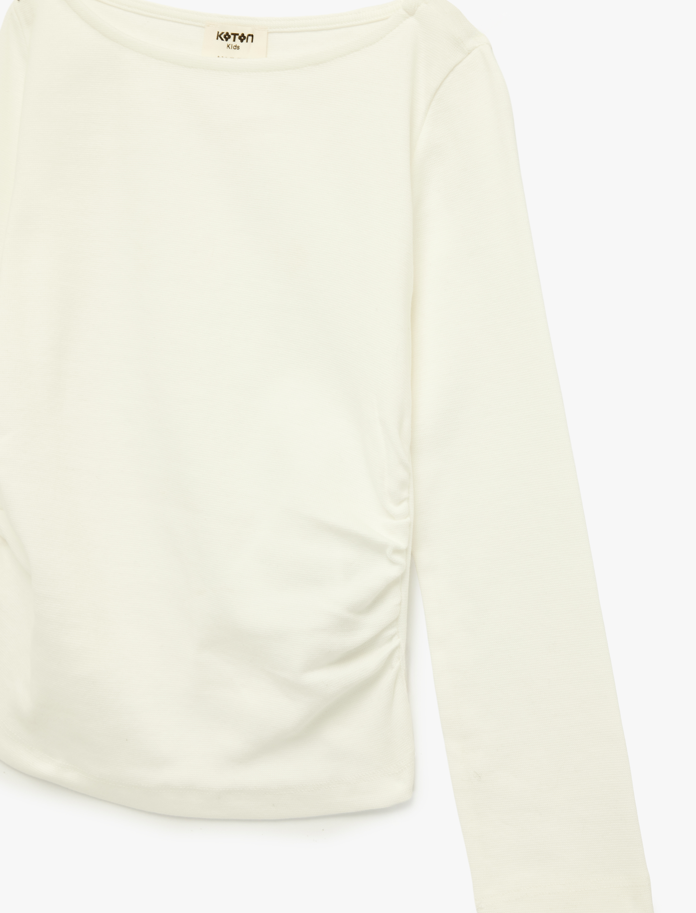  Kız Çocuk Pamuklu Kayık Yaka Büzgülü Uzun Kollu Tişört