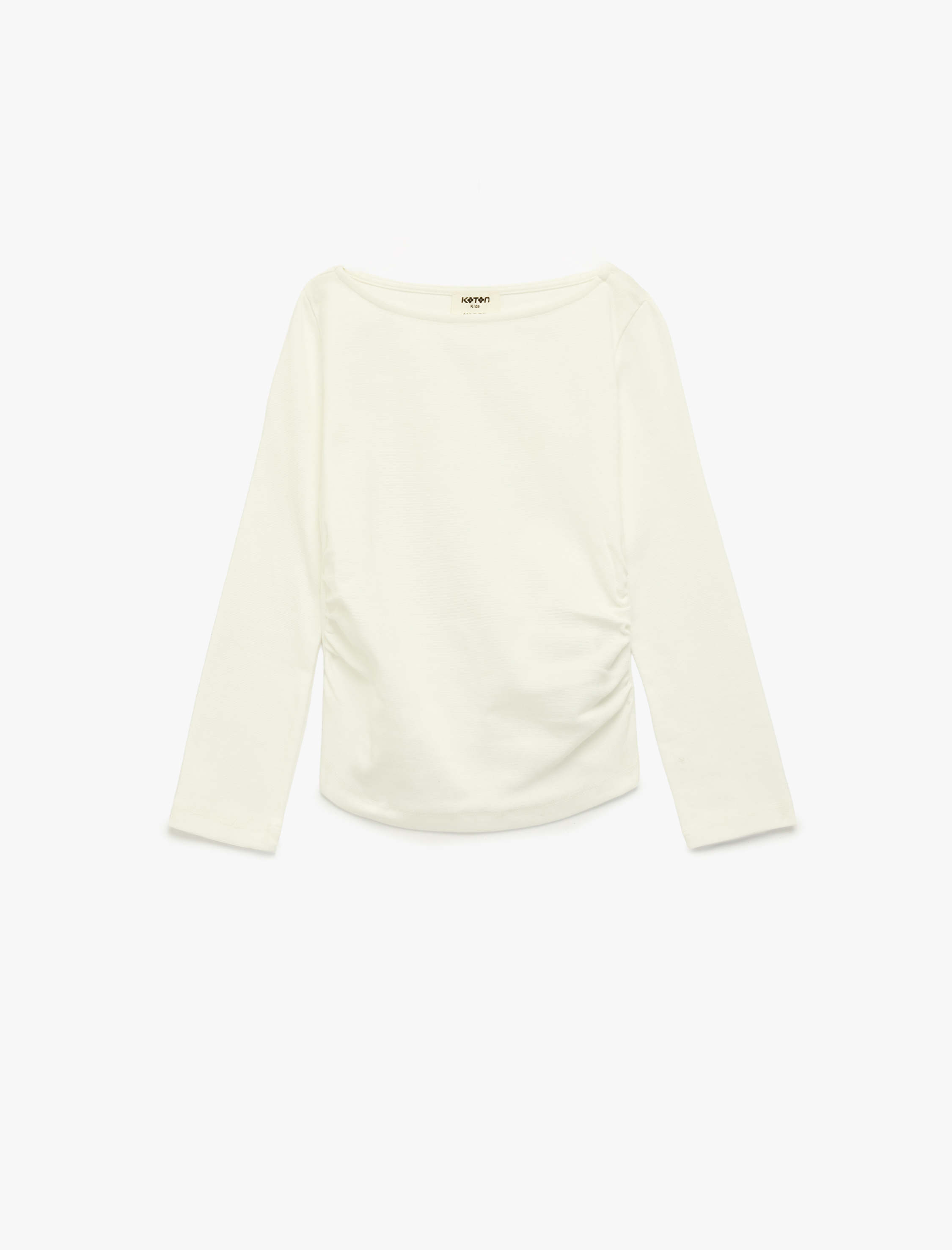  Kız Çocuk Pamuklu Kayık Yaka Büzgülü Uzun Kollu Tişört