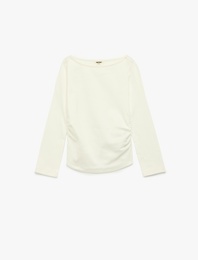 Pamuklu Kayık Yaka Büzgülü Uzun Kollu Tişört