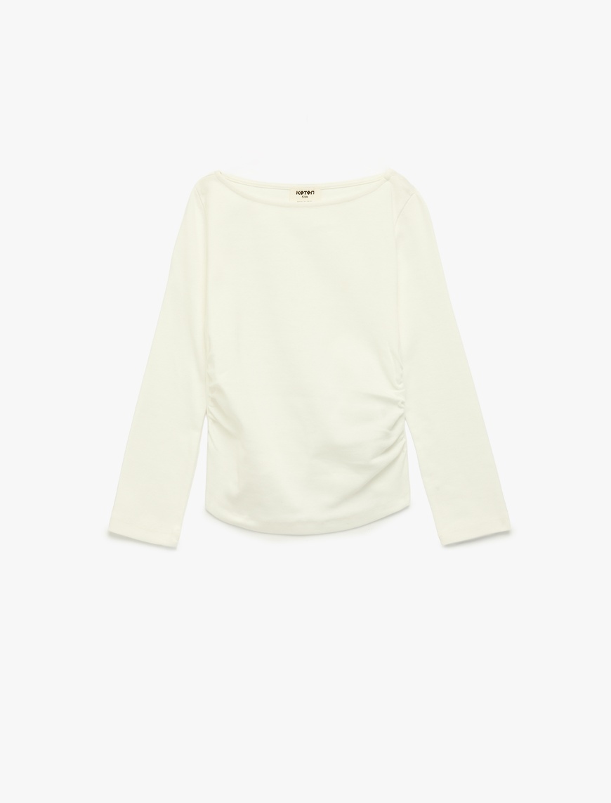 Ekru Kız Çocuk Pamuklu Kayık Yaka Büzgülü Uzun Kollu Tişört