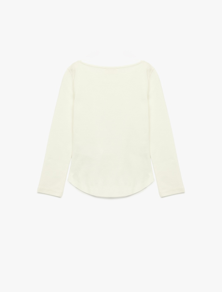 Kız Çocuk Pamuklu Kayık Yaka Büzgülü Uzun Kollu Tişört