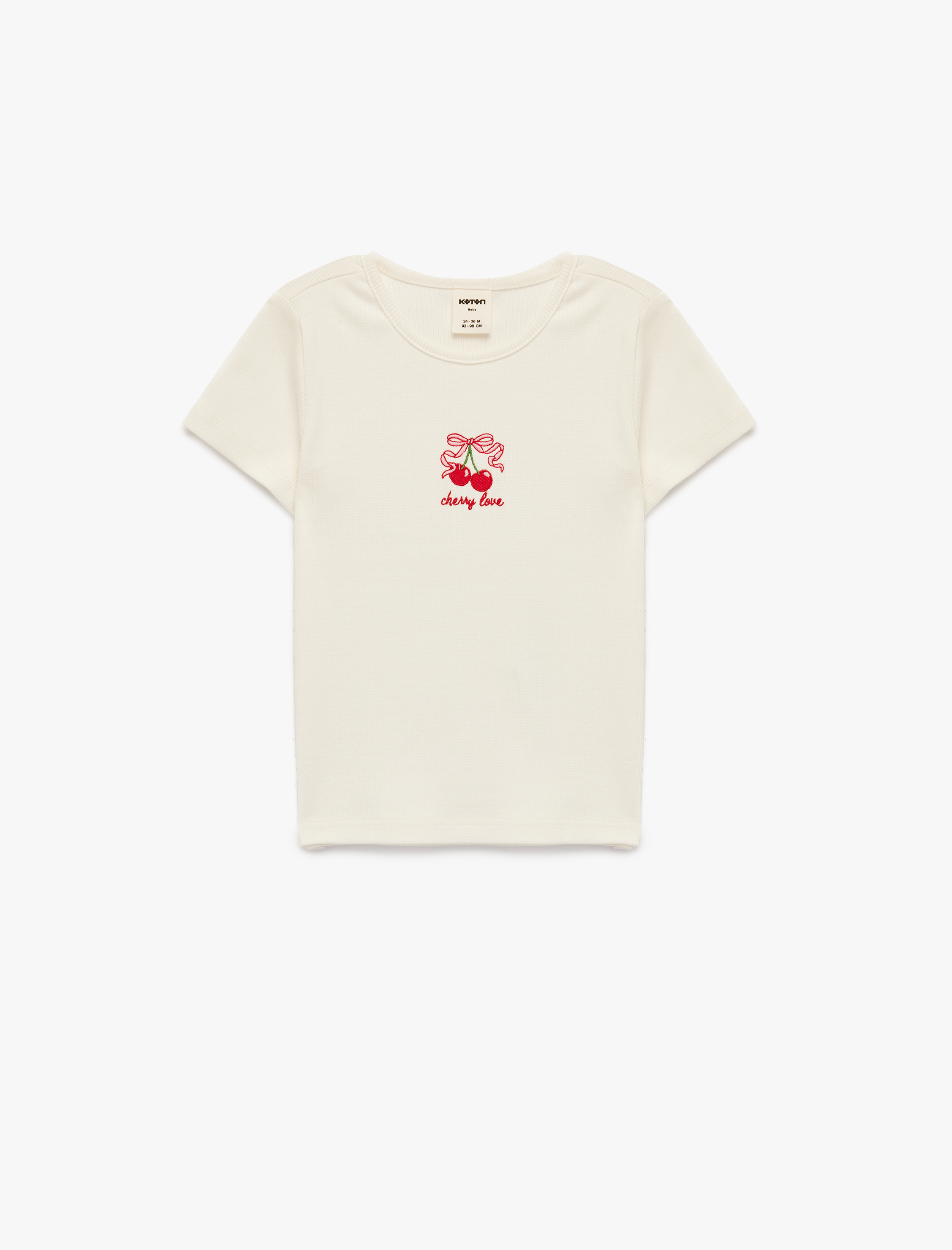  Kız Bebek Kısa Kollu Bisiklet Yaka Kiraz Nakışlı Pamuklu Tişört